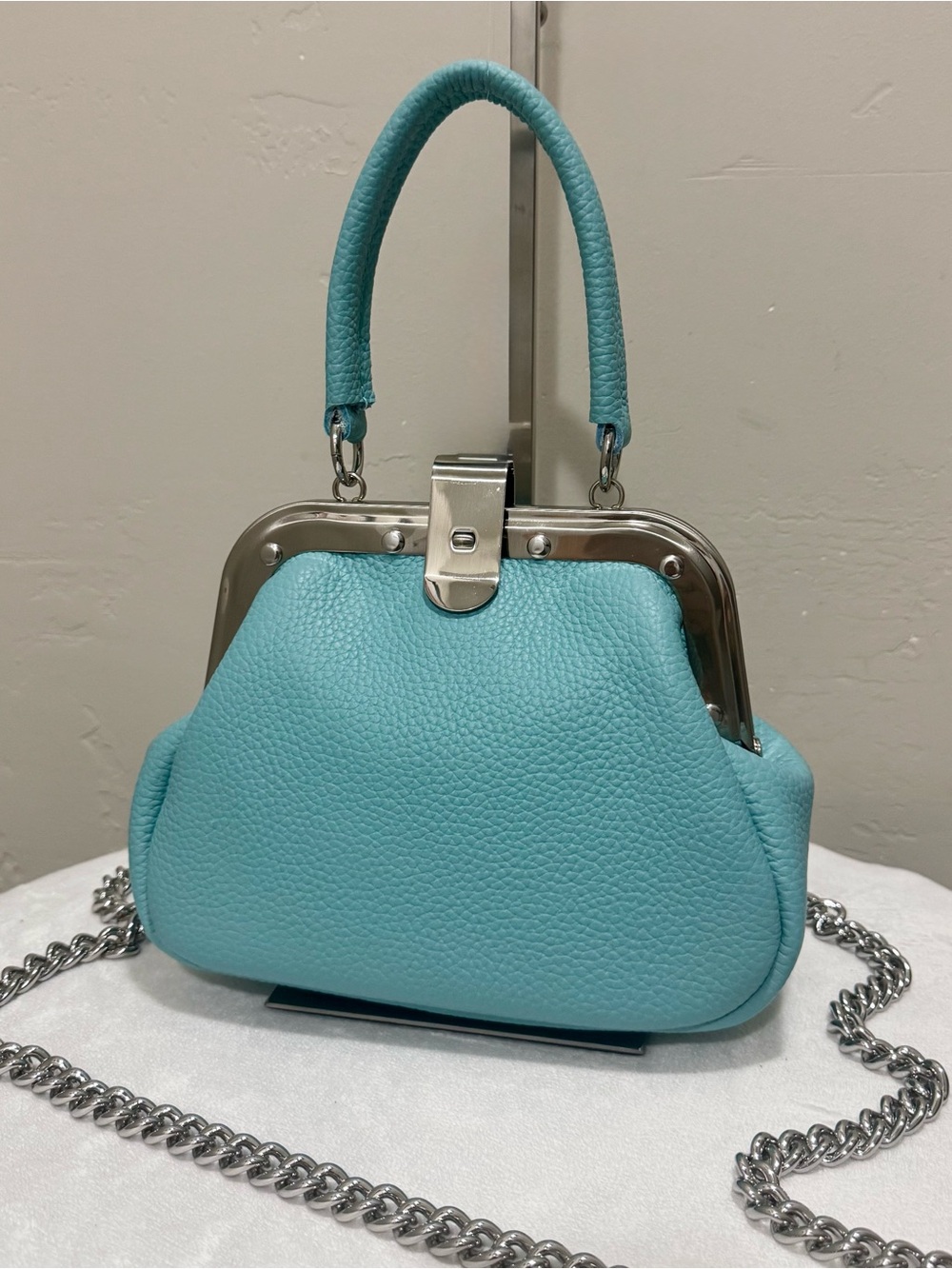 Turquoise Cowhide Calfskin Handmade Unique Rivet Frame Handbag, Crossbody